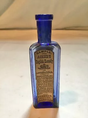 Antique Acker’s English Remedy SAMPLE Bottle W/Labels! Light Cobalt Blue SUPERB! • $40