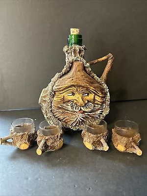 Wood Face Wine Liquor Bottle Decanter Jug Handcrafted Green Glass W/ 4 Shot Cups • $28