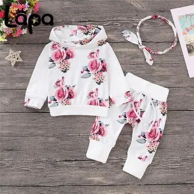 Toddler Baby Girl Floral Hooded Top Pants Headband Outfits Clothes Set Tracksuit • £11.29