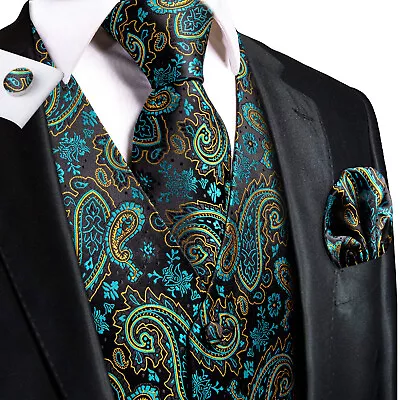 Formal Casual Vest Tie Set Mens Silk Waistcoat Tuxedo Gilet Hankie Cufflinks • $21.81