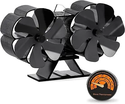 12-Blade Dual Head Heat Powered Wood Stove Fan Fireplace W/ Magnetic Thermometer • $36.99