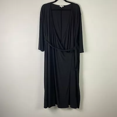 Kiyonna Wrap Dress Womens 5X Black V Neck 3/4 Sleeves Stretch Tie Waist • $29.95