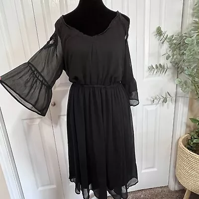 Torrid Black Cold Shoulder Dress Women's LRG Sheer Bell Sleeve Knee Length • $19.99