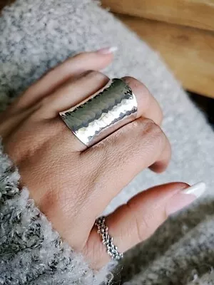 925 Sterling Silver Ring Cigar Hammered Handmade Wide Band Ring US5 • $13.04