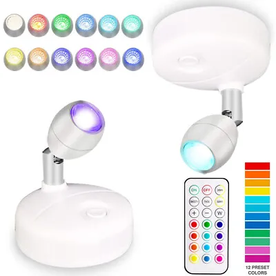 Remote Wireless RGB LED Spot Lights Uplight Timer Dimmable Stick On Night Lights • £12.59