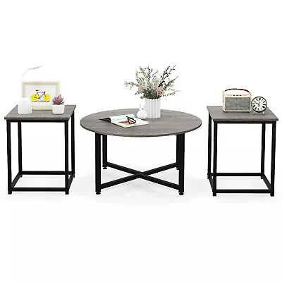 3 Piece Coffee Table Set Round Coffee Table & 2 Square End Tables W/ Metal Frame • $119.95
