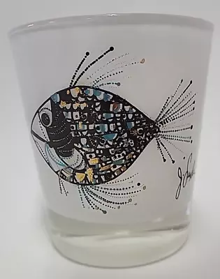 MCM J. Joan Snyder Signed Glass Whiskey Tumbler Glass Atomic Barware Fish Flower • $19.99