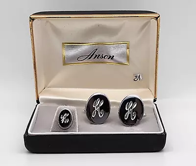 Vintage Anson Cursive  H  Initial Silver Tone Cufflink Tie Tack Set Original Box • $25