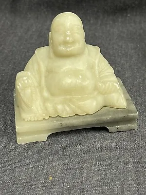 Vintage Soapstone White Jade Laughing Buddha Sitting On Marble Base • $64