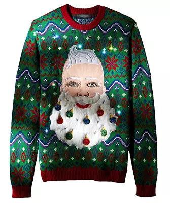 UGLY CHRISTMAS SWEATER MENS Small RED GREEN  SANTA LIGHT UP FUZZY BEARD NEW NWOT • $24.95