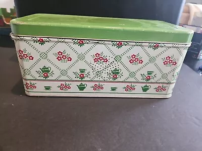 Vintage Beautiful National Can Co Mcm Metal Floral Tea Kitchen Green Bread Box  • $29.99