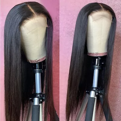  95% Human Hair Long Straight 4X4X1 T Part Glueless Lace Front Wig Natural Black • £39.99