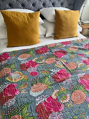 £45.99 • Buy Grey Floral Print Indian Kantha Bohemian Quilt Throw  - King Size . NWOT