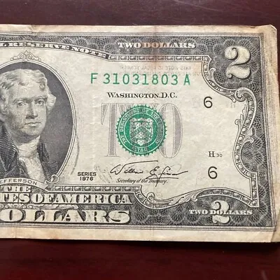1976 $2 RARE Ink Transfer Obverse  Error Note Circulated Misprinted Bank Note  • $120