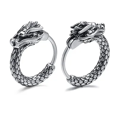 $11.59 • Buy Punk Men's Gothic Chinese Dragon Hoop Earrings Stainless Steel Father's Day Gift