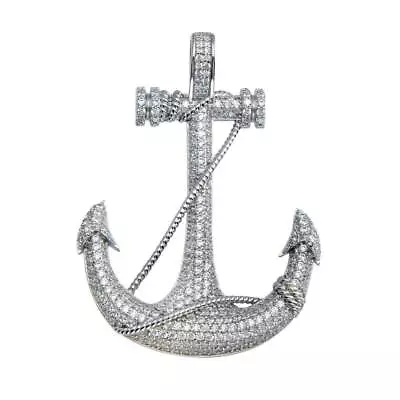 Men's Sterling Silver Anchor Hip Hop Pendant W/ Micro Pave CZ Stones • $49.99