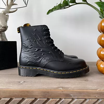 Dr Martens 1460 FLAMES BOOTS 8 Eye Leather Pattern Black UK 4 5 6 37 38 39 RARE • £139