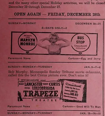 1956 Marilyn Monroe Bus Stop Etc - Arrowhead Theatre Schedule Card - Onamia MN • $40