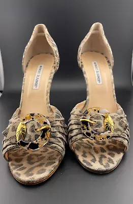 Manolo Blahnik Sedaraby Metallic Leopard Print D'Orsay Peep Toe Heel Size 39.5 • $179.95