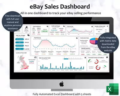 EBay Sales Dashboard - Profit Revenue Fees Tracking Excel Sales Spreadsheet • £2.99