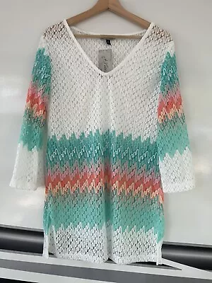 J Valdi Swim Coverup M NWT Multicolor V Neck Chevron 3/4 Sleeve • $12