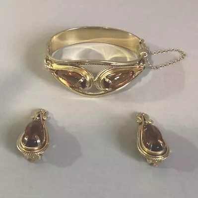 Vintage Whiting And Davis Hinged Bracelet Clipon Earrings Set Topaz Goldtone • $95