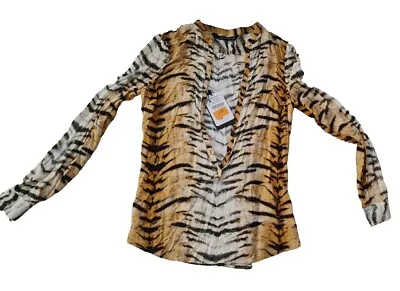 Zara Animal Tiger Print Fitted Shirt Top Small Black Cream Long Sleeve NWT • $28