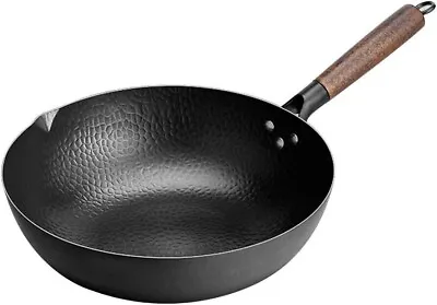 32cm Carbon Steel Wok | Non Stick | Chinese Wok | Wooden Handle Stir Fry Pan • £29.95