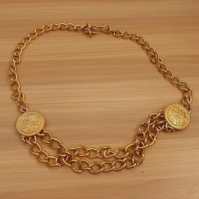 VINTAGE Gold Chain Belt Womens Small Medallion Coin Link Concho Waist 2 Row RARE • $78.88