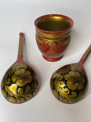 Vintage 3pc Russian Khokhloma Hand Painted Lacquered 2 Wooden Spoons 1 Gold Cup • $23