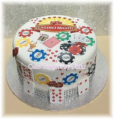 PRECUT Edible CASINO Icing Cake Toppers Playing Cards Poker Chips Vegas Dollars • £3.75