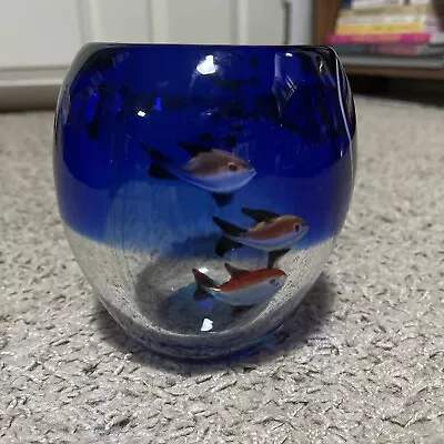 Art Glass Fish Aquarium Vase Bowl Blue Vintage Hand Made Unsigned Heavy Vase • $42