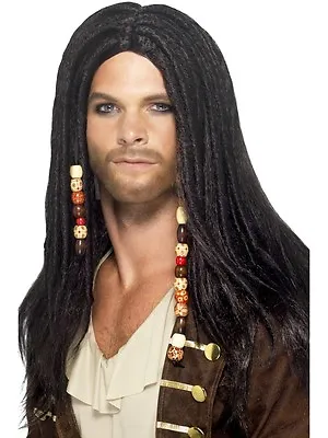 Mens Pirate Wig Beads Braided Dreadlocks Dreads Long Black Hair Adult Costume • $23.95