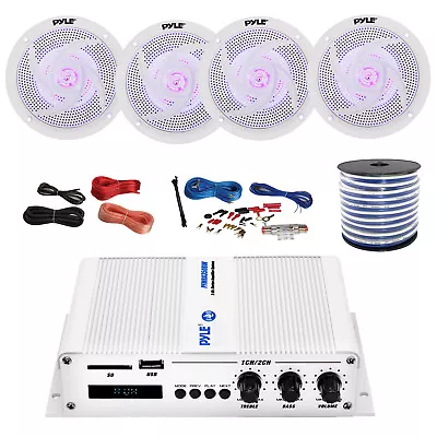 Pyle Marine 4-Channel Bluetooth Amp + Kit 4x 4  White LED Speakers 50 Ft Wire • $177.99