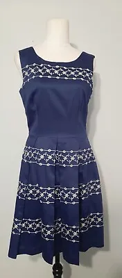 Review Admiral Blue & White Embroidered Accent Fit & Flare Dress Size 10 • $41