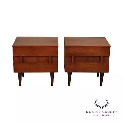 American Of Martinsville Mid Century Modern Pair Walnut Nightstands • $1495