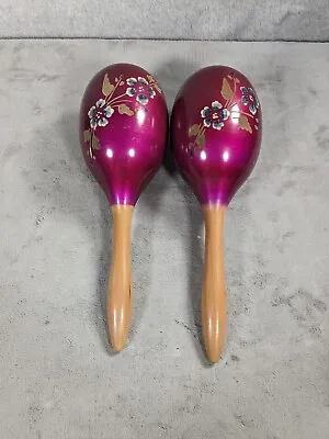 Vintage Wooden Hand Carved Spanish Maracas 11  Purple Stain Set • $26.98