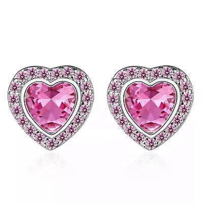 925 Sterling Silver Pink Heart Stud Earrings Womens Girls Jewellery Gift New UK • £3.47