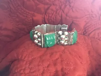 VINTAGE STERLING SILVER MEXICO GREEN JADE UNIQUE CHUNKY BRACELET 66g • $85