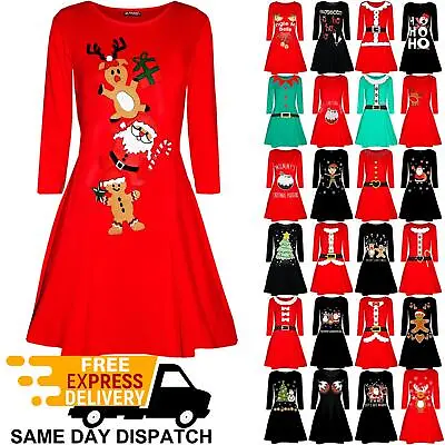 Womens Christmas Long Sleeve Santa Reindeer Gingerbread Ladies Swing Mini Dress • £8.69