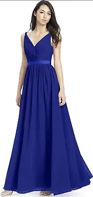 LeCureler V-neck Chiffon A Line Bridesmaid Maxi Dress In Cobalt Blue Uk 18 BNWT • £15