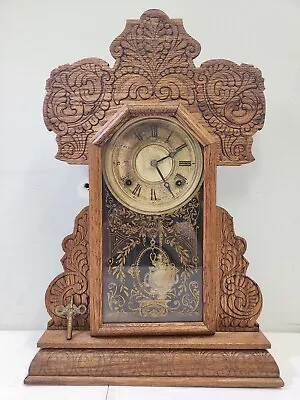 Antique 1897 E. Ingraham Clock Co GINGERBREAD KITCHEN MANTEL CLOCK Cayuga • $139