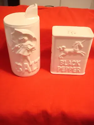 Ceramic Haldon Group Salt & Pepper Shakers W/ Morton Salt Girl & Shilling Pepper • $19