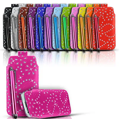 Bling Pu Leather Pull Tab Case Cover Pouch & Stylus For Various Mobile Phones • £3.99