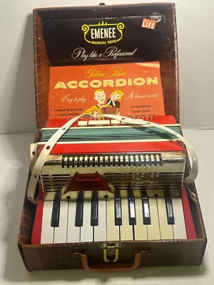 Vintage 1955 Emenee Golden Piano Accordion W/ Case Music Toy Booklet • $24.99