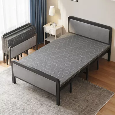 3ft Single Folding Bed Upholstered Headboard Bedframe Steel Frame For Guest Dorm • £125.95