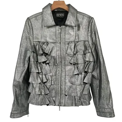 BEREK 2 Women's Leather Metallic Silver Ruffle Jacket Size Medium Lined Zip New • $34.99