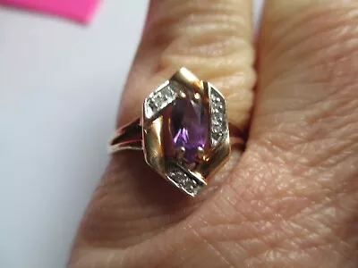 Elegant 10KT Yellow Gold Purple Amethyst & Diamond Ring Size 7-1/2 • $125