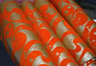 Vintage Orange/Gold Flocked Acrylic Vinyl Finish Embossed Wallpaper  Mod Design • $45