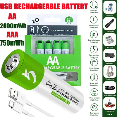 1-4x 1.5V 2600mWh AA / AAA Battery Type-C USB Rechargeable Lithium Ion Batteries • $15.99